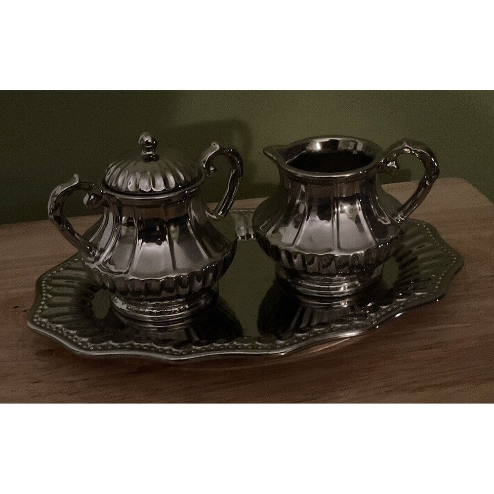 Silverado Lusterware Godinger Silver Plated Cream And Suger‎ Bowls With Platter